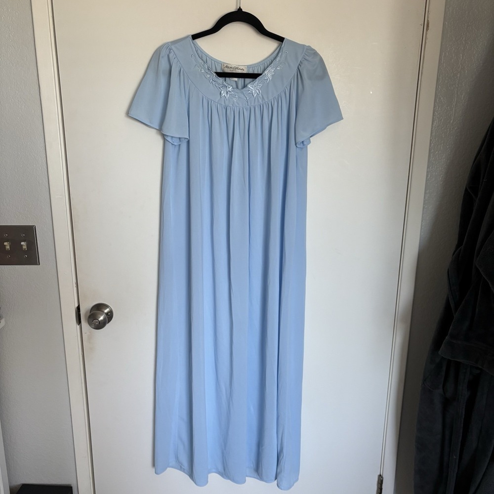 Miss Elaine Vintage Womens Sleepwear  Blue Flutter Sleeve Embroidered Nightgown
